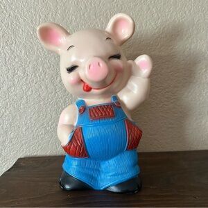 1974 vintage Russ Berrie hard plastic piggy bank knickerbocker farmer pig